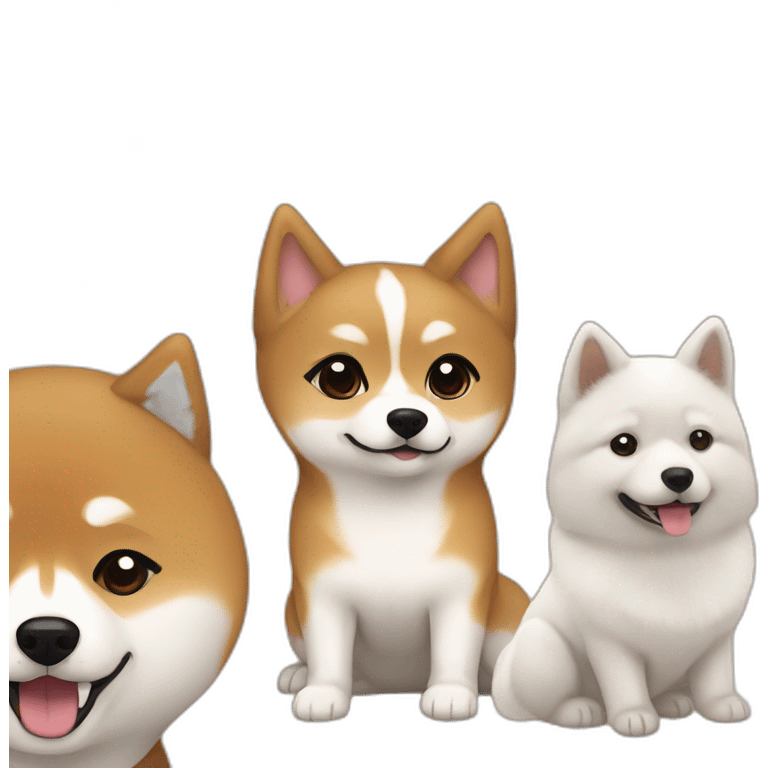 Cute Shiba and a white Hokkaido dog and their mistress, a woman with brown and curly hair emoji