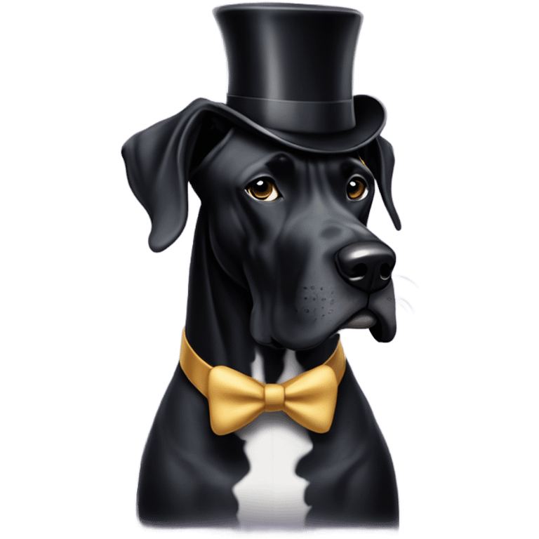 Black Great Dane with uncropped ears wearing a top hat emoji