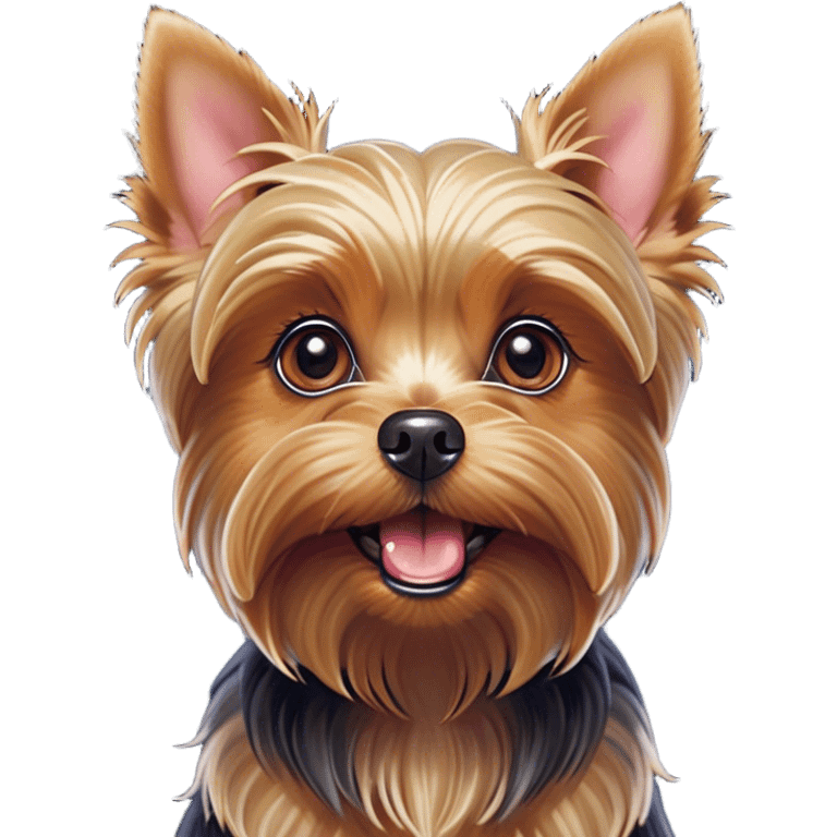 Cinematic Comical Yorkshire Terrier Portrait Emoji, Head tilted dramatically with an exaggeratedly surprised, comical expression and wide, expressive eyes, featuring a perky, well-groomed fur in rich hues, simplified yet hilariously detailed, glowing with a bold, sassy radiance, high shine, exuding playful mischief and cheeky terrier attitude, styled with a soft glowing outline, capturing the essence of a Yorkshire Terrier that appears ready to comically dash out of the frame! emoji