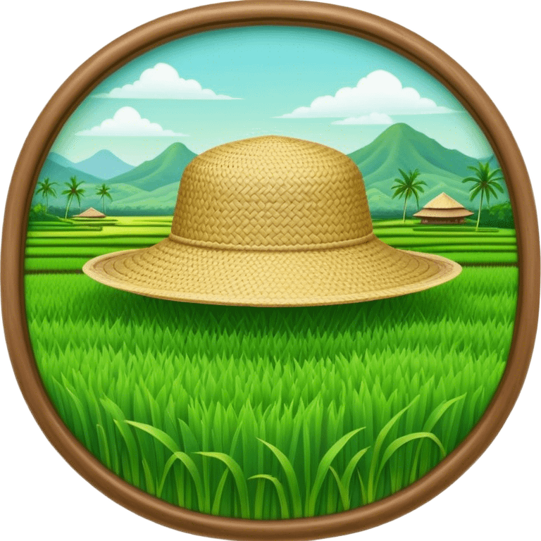 Cinematic Realistic image of a traditional rice farmer's hat, crafted from woven natural fibers with delicate texture details, set against a lush backdrop of vibrant green rice paddies under gentle, early morning light that evokes rural tradition. emoji