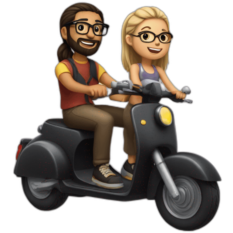 boy with long hair tied in a bun, beard, and glasses, riding a black scooter with a girl on the back emoji