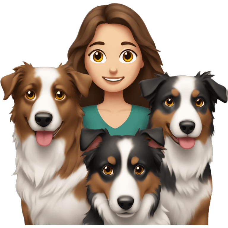 Brunette haired woman surrounded by Australian shepherds emoji