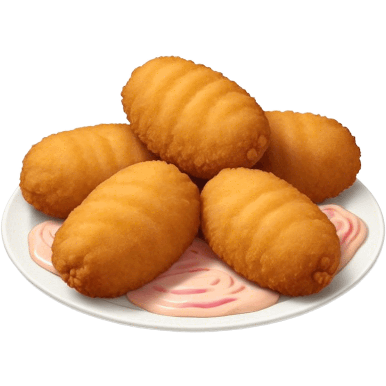 Cinematic Realistic Croquetas Dish Emoji, showcasing crispy, creamy croquettes filled with ham or chicken rendered with lifelike textures and appetizing, dynamic lighting. emoji