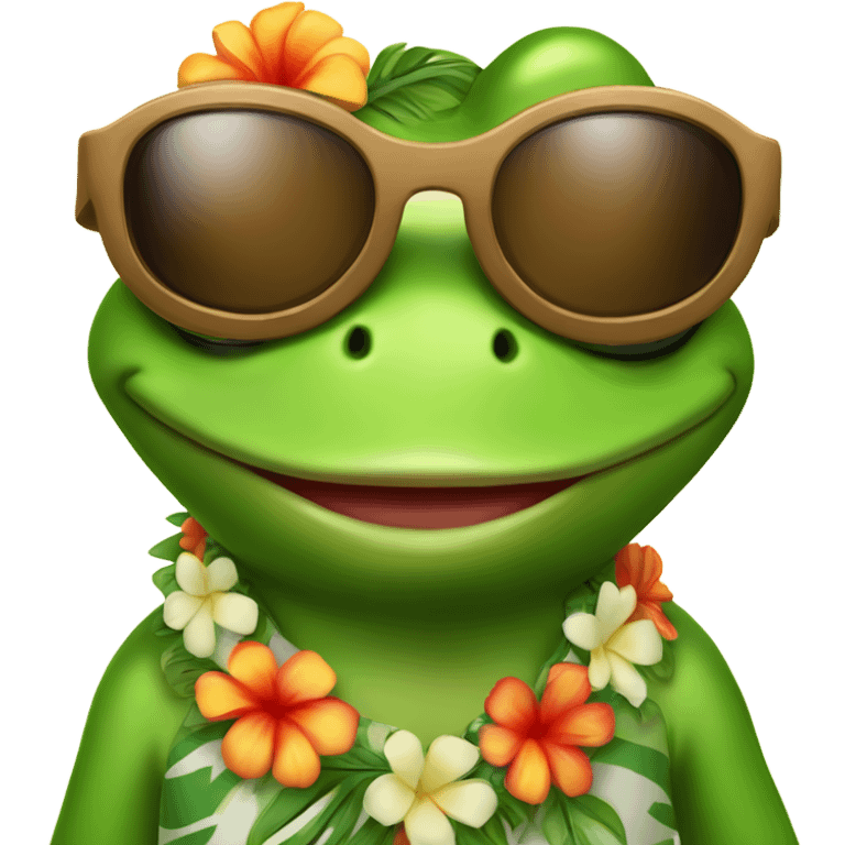 Hawaiian-inspired cartoon frog (Pepe) wearing a traditional Hawaiian shirt, sunglasses, and a flower garland around its neck. emoji