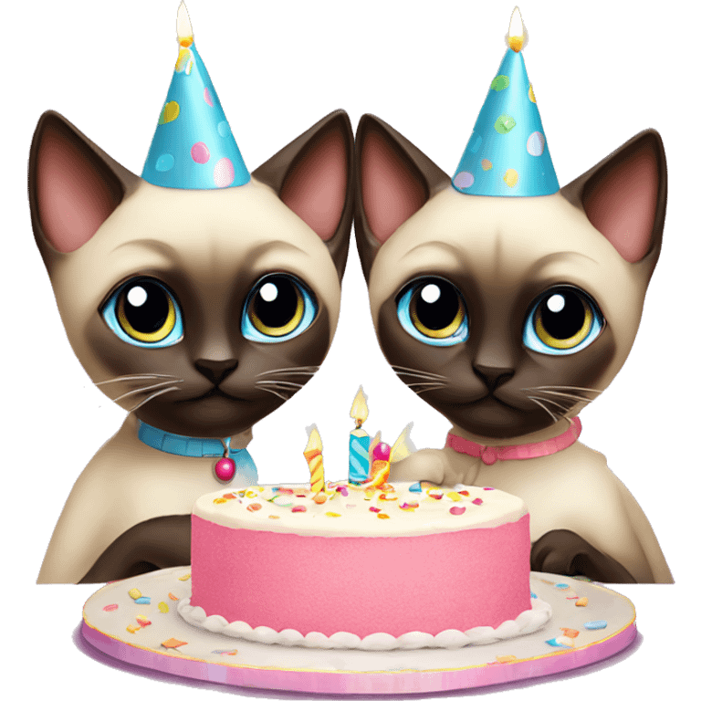 two siamese cats at a birthday party eating cake emoji