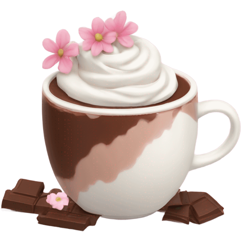 Hot chocolate with pale pink flower and whipped cream emoji