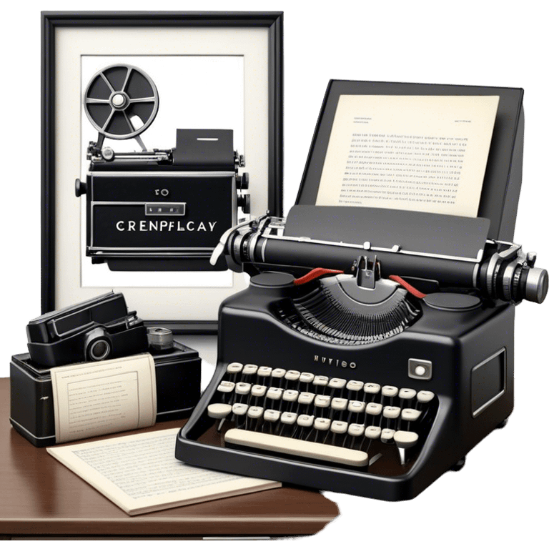 Create an emoji representing screenwriting. The design should feature an open script with visible dialogue and action lines, symbolizing the writing of a screenplay. Include a classic typewriter or a modern writing device, such as a laptop, to signify the process of creating a script. Add a vintage film camera next to the script to emphasize the cinematic aspect of screenwriting. Use a professional color palette with black, white, and subtle metallic tones. Do not include any emojis or smiley faces. Make the background transparent. emoji