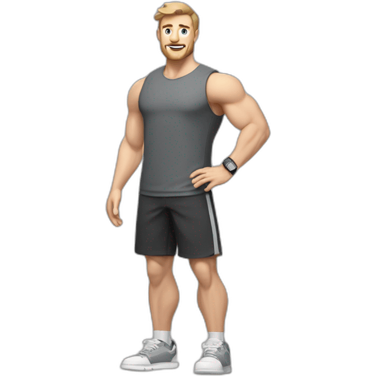 Full height Pale skinned muscular man With Realistic eyes and mouth, light brown hair and stubble In dark gray sleeveless mike, black oversize sports shorts, watch and white sneakers. emoji