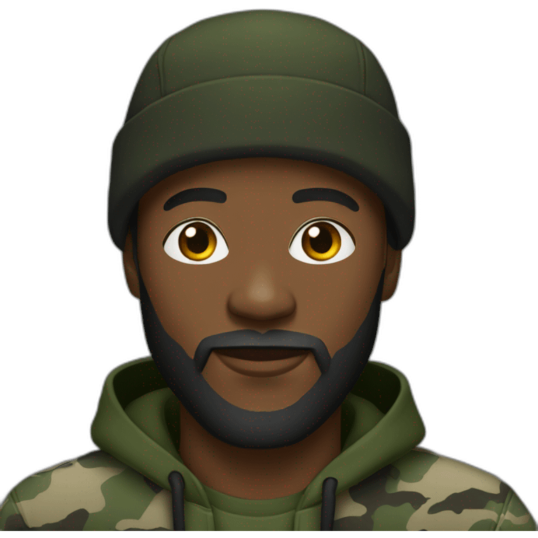 black man with a beard,camo hat, black hoodie emoji