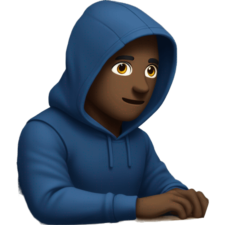 A man in a dark blue hoodie with a capelet on his head, his face not visible in the shadows, is sitting at a computer. emoji