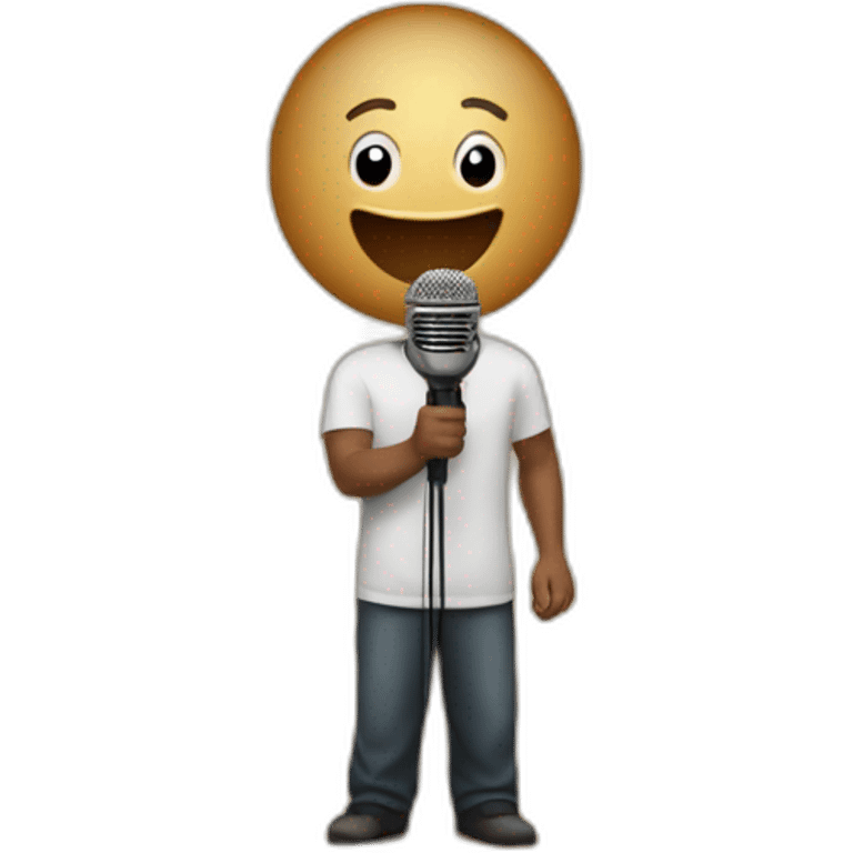 light skin man on theater stage with red curtains holding microphone emoji