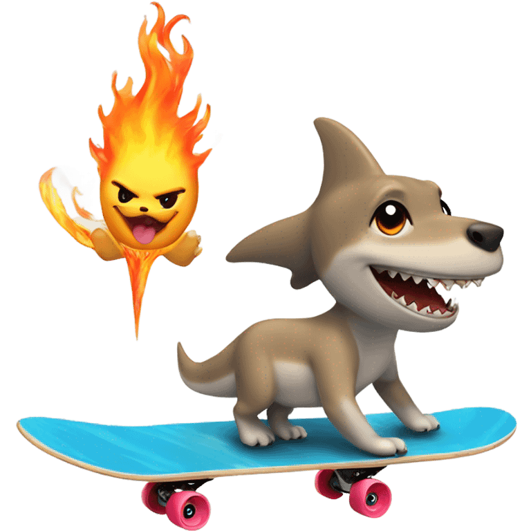 Shark skateboarding with a flaming wand in hand and a puppy in the other emoji