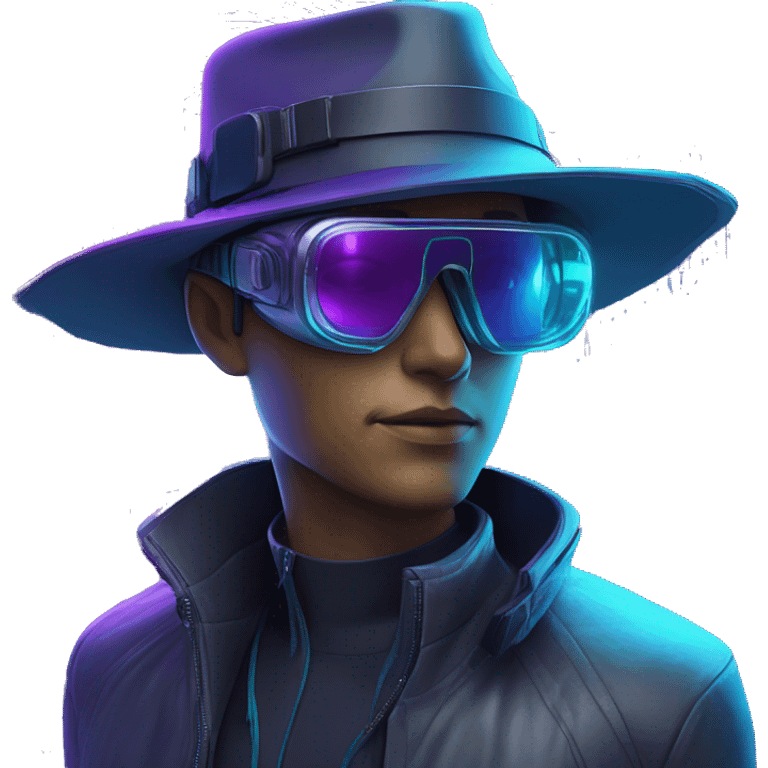 Secret human agent in a hat with  cyberpunk elements in Apple VR googles scanning looking reviewing multicolor lines of code, cyan and purple colors, only upper body portrait emoji