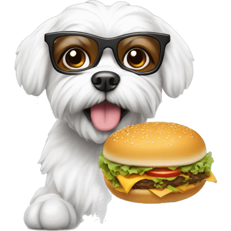 Maltese wearing a glasses and holding a hamburger emoji