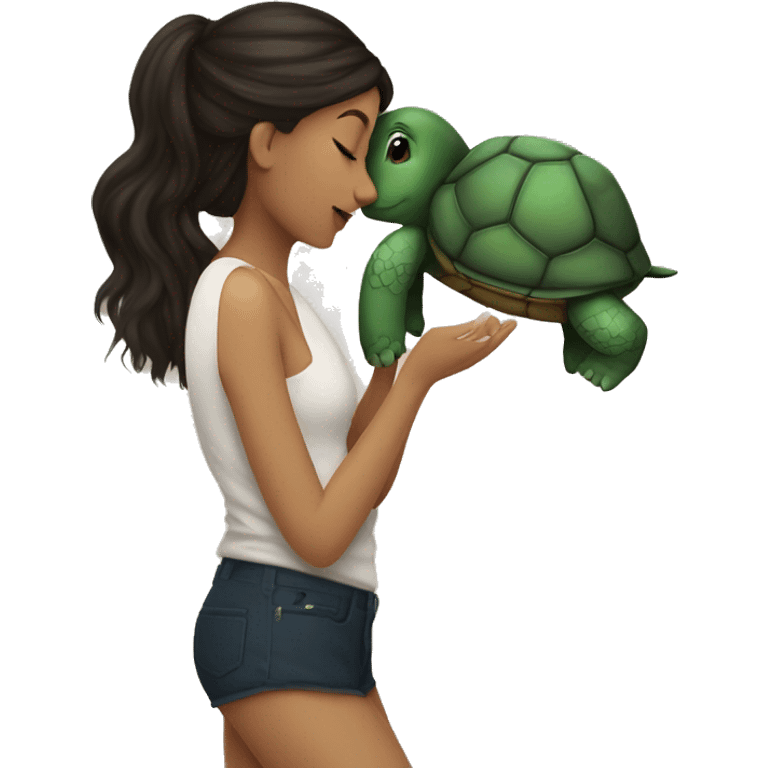 A white girl with dark hair kisses a little turtle emoji