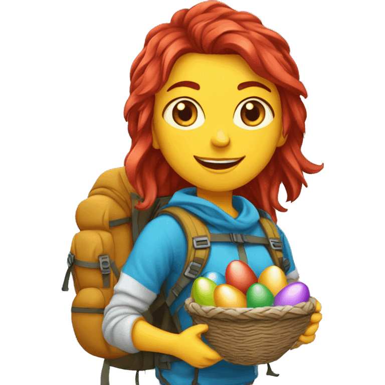 Female winter mountain climber red loose hair climbing with Greek flag on backpack and holding Easter eggs basket emoji