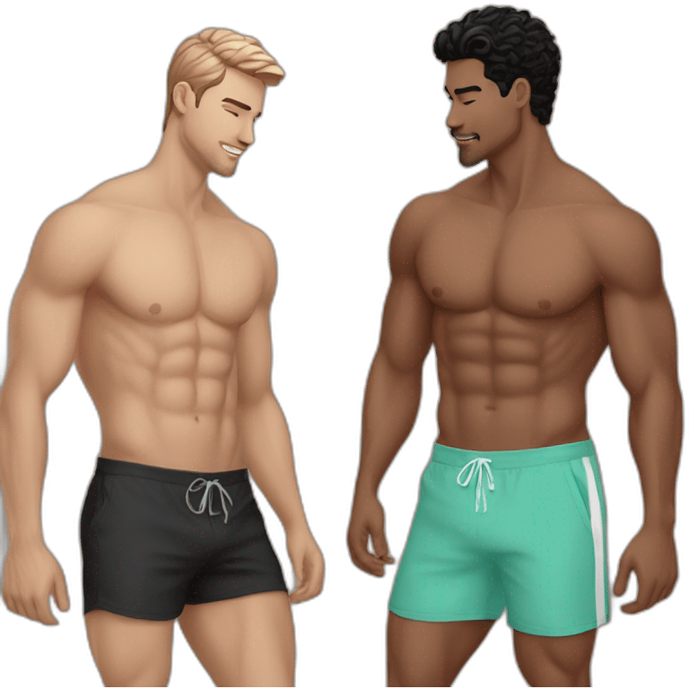 Sexy-fit-pose-Latino-male-and-caucasian-male-interracial-kiss-bikini emoji