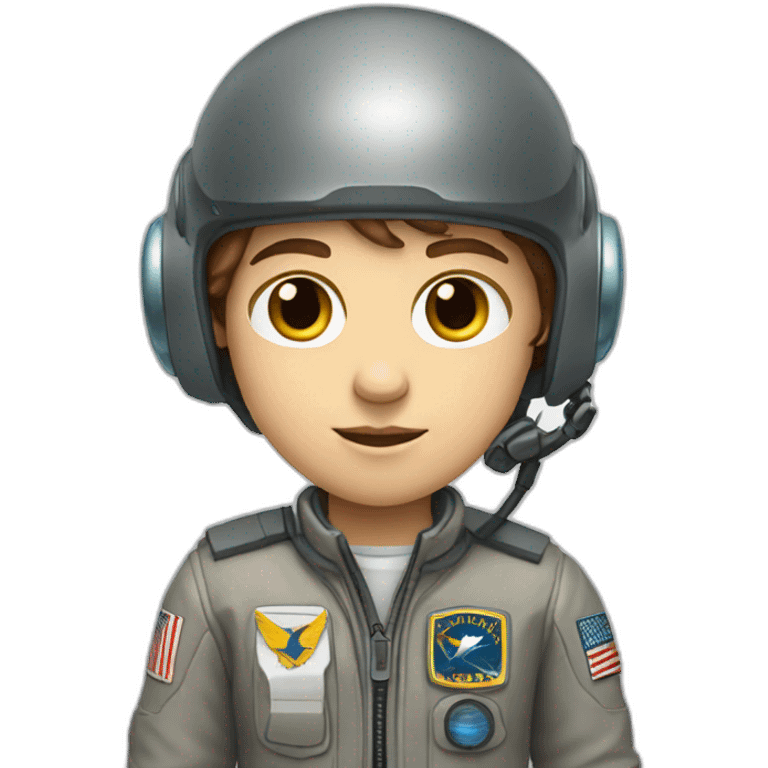 A white young boy with brown hair and a airplane pilot suit and a radio helmet emoji