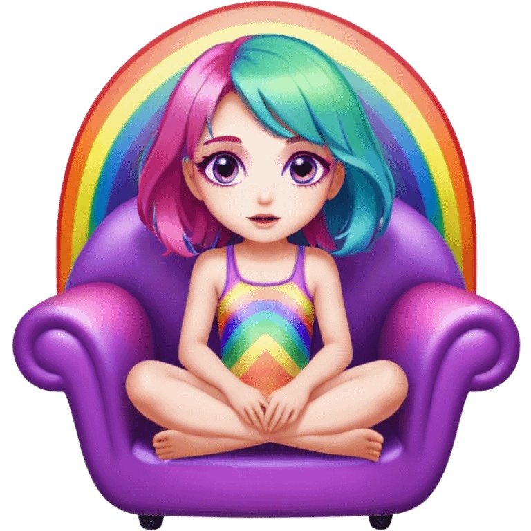 Psychedelic girl with large glistening eyes and rainbow colored hair sitting in a chair, ultra realistic facial details emoji