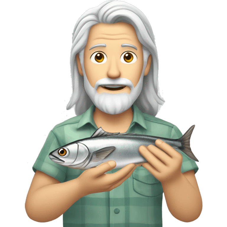 light gray hair man with long hair, light gray beard, open hawaian shirt, holding a sardine fish emoji