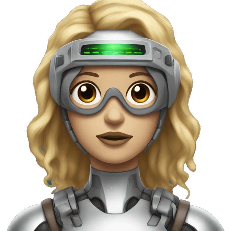 female cyborg head, fair skin, Brown long hair with blonde steaks, space age goggles and circuits emoji