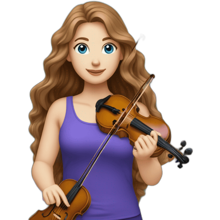 White female long brown wavy hair vivid blue eyes purple shirt holding a violin standing in a garden with laptop emoji