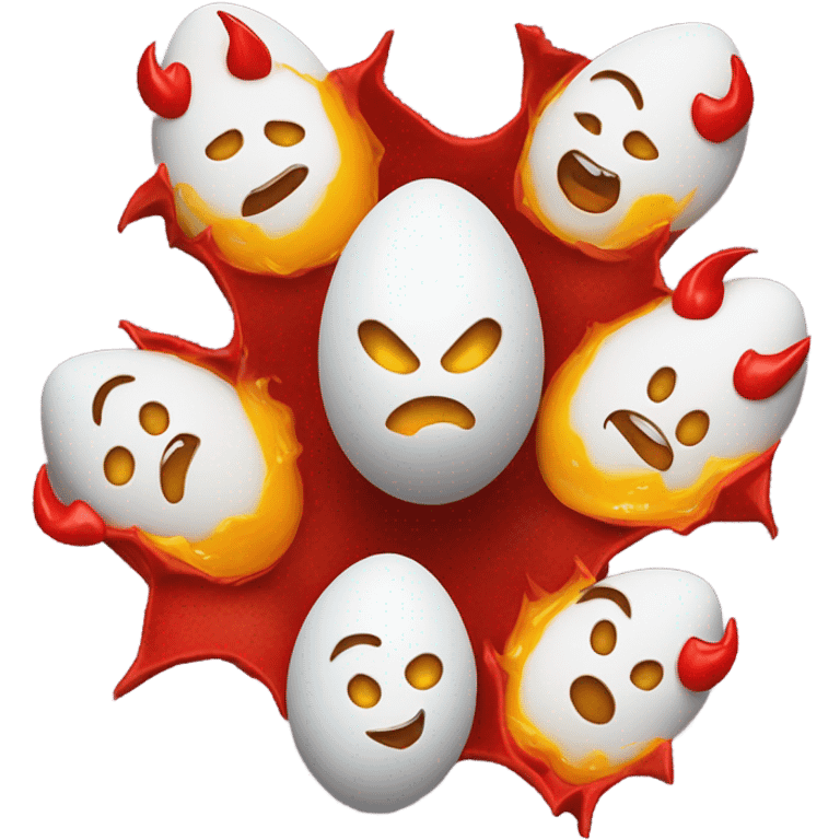 Create a dozen of eggs opened behind a picture of the devil emoji