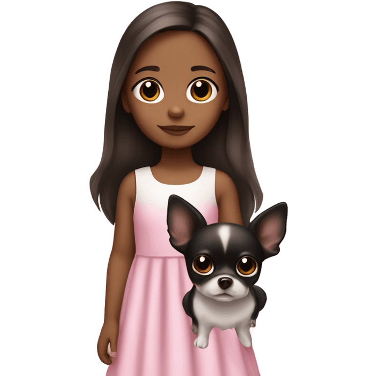 Little Girl with White skin, black eyes. Long brown hair with. She is wearing a pink and White dress, standing and holding on to a Chihuahua black emoji