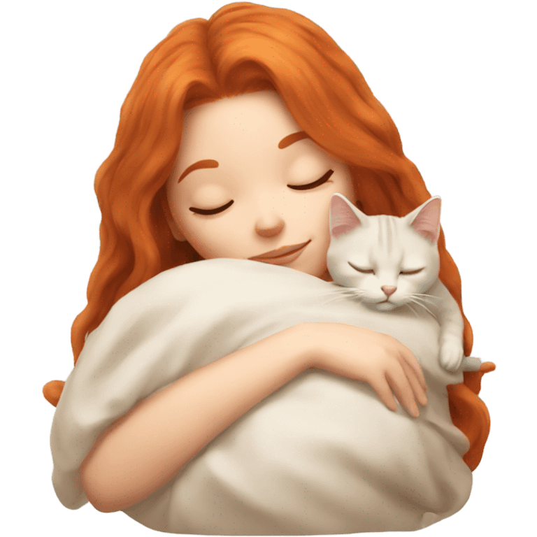 Red hair girl sleeping with a beige ragdoll cat emoji