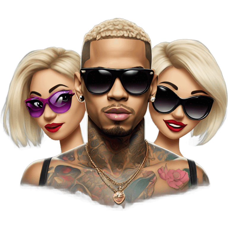 Hyper Realistic Chris Brown  wearing sunglasses with 2 female tattooed dancers emoji