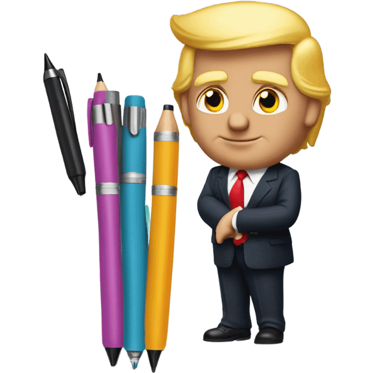 Donald trump wearing a suit with 6 pens in his suit pocket, and a pen in both hands emoji