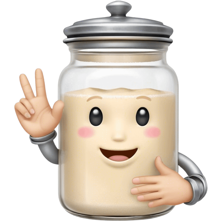 A cute anthropomorphic salt jar with transparent glass body and metal lid,with thumb and pinky extended on each hand, other fingers folded emoji