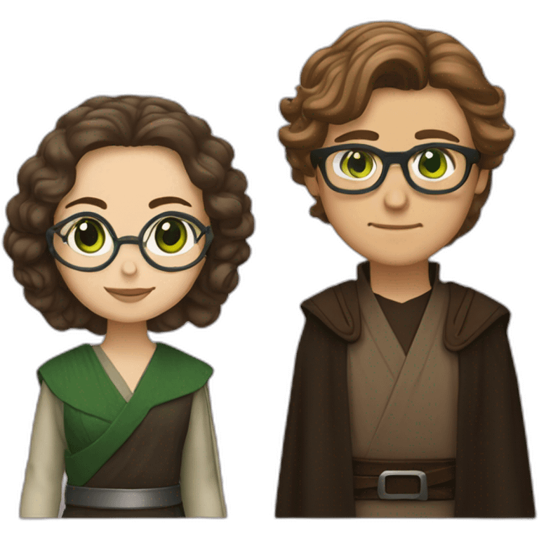 anakin with glasses and padme with green eyes, wavy hair emoji