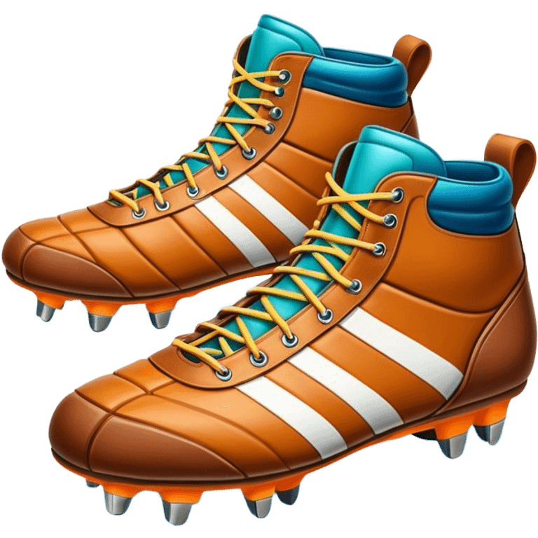 Cinematic Realistic image of a pair of rugby boots, showcasing sturdy leather construction, detailed cleat patterns and textured surfaces, illuminated by vibrant outdoor lighting that captures their athletic purpose emoji