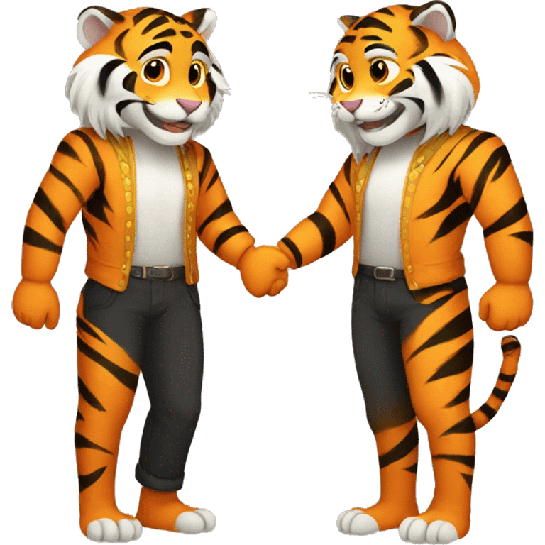 two gay male tiger furries holding hands emoji