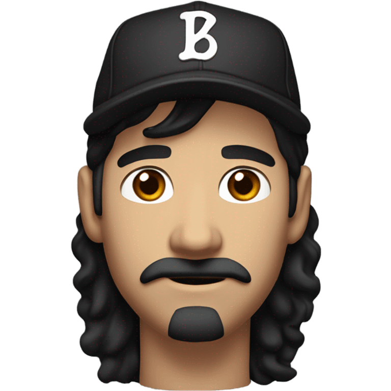 White guy with medium length shaggy black hair and a baseball hat. Brown eyes and a classic mustache no beard. Black hair emoji