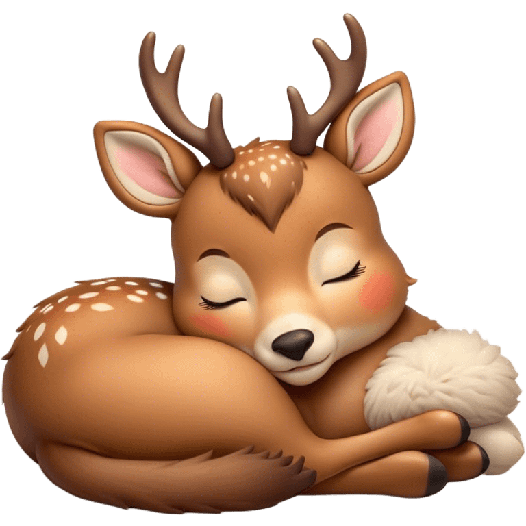 Meme-Worthy Cute Sleeping Deer Portrait Emoji, Head resting peacefully with a contented smile, showcasing a delicate, slender build and a luxuriously soft Fur, eyes shut in a serene, restful nap, Simplified yet hilariously adorable features, highly detailed, glowing with a soft, drowsy light, high shine, relaxed and utterly lovable, stylized with an air of playful laziness, bright and heartwarming, soft glowing outline, capturing the essence of a comically sleepy deer, so meme-worthy it feels like it could instantly become the next viral sensation of adorable woodland slumber! emoji