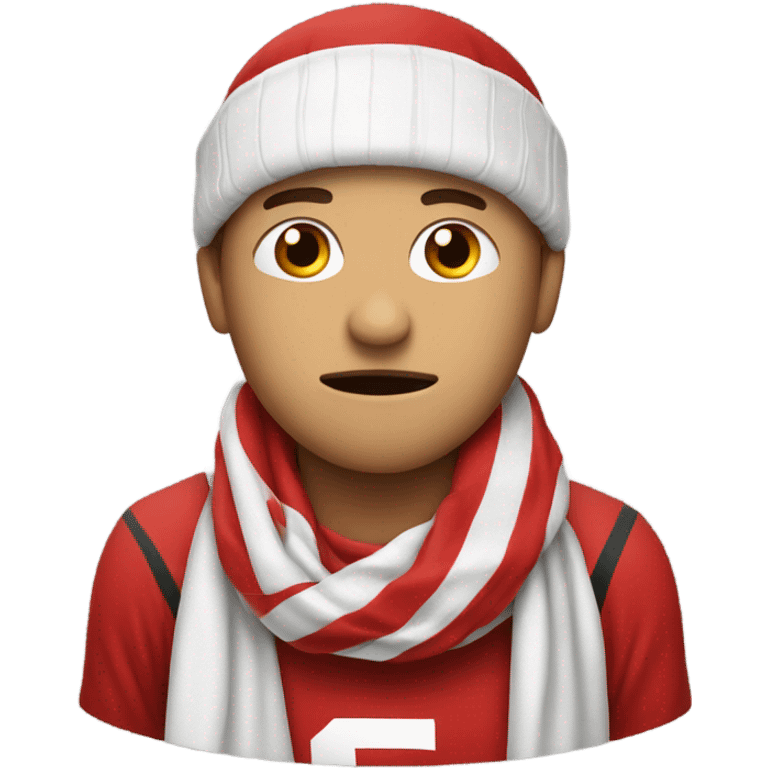 A sad football fan with a scarf in red and White.  emoji