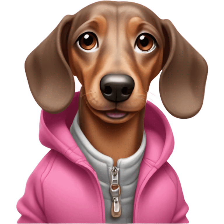 Happy merle dachshund wearing pink jacket emoji