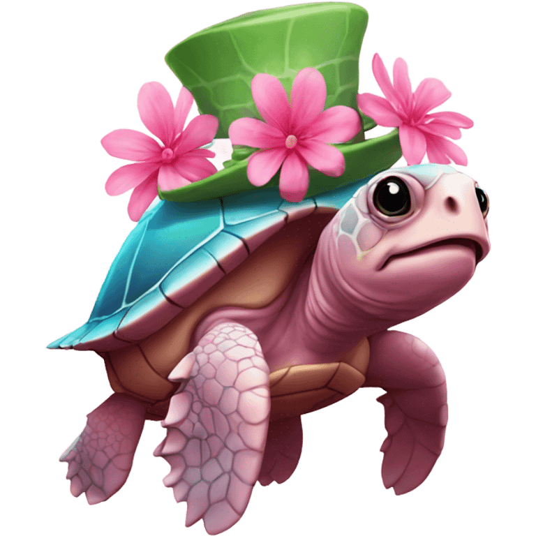 pink sea turtle with a flower hat emoji