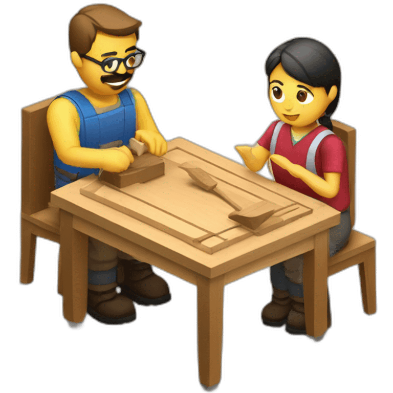 isometric woodworking teacher with student teaching emoji