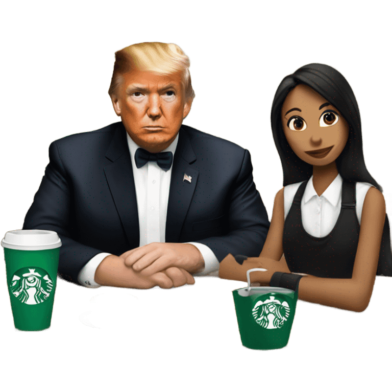 trump drinking starbucks with girl in a black hat and apron emoji