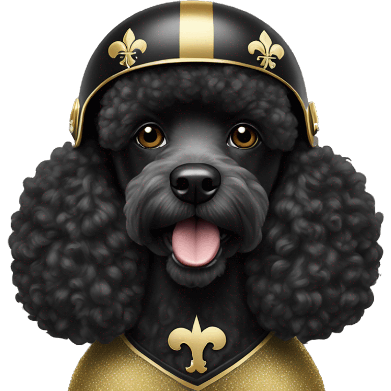 Black poodle wearing a gold football helmet with black stripe and gold fleur de lis emblem emoji