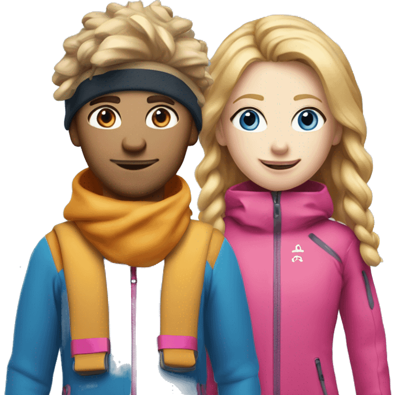 Skier boy white skin with ginger scruff and Skier girl with blonde hair and pink gear blue eyes  emoji