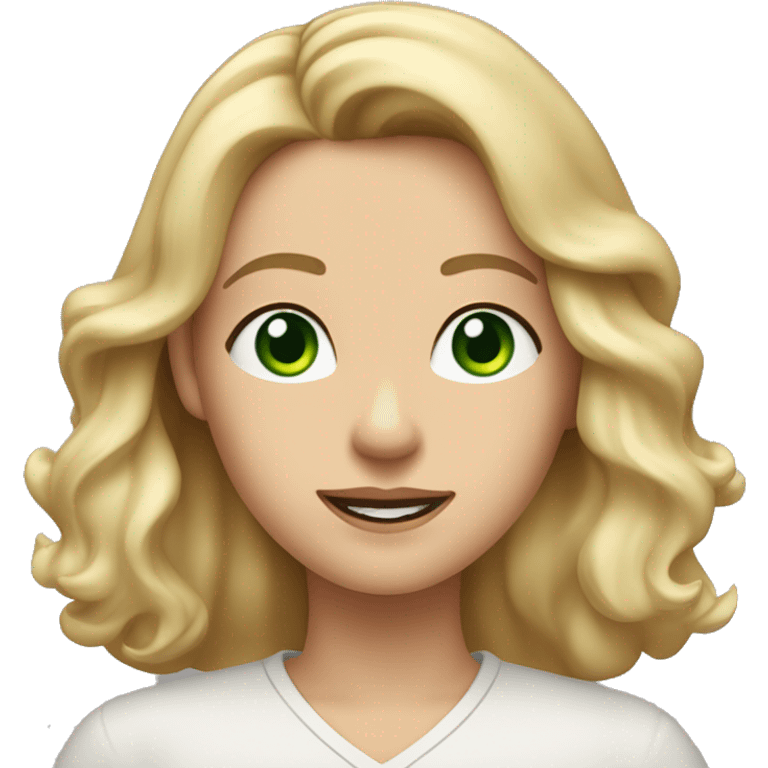 A woman with shoulder-length, wavy blonde hair, green eyes, and fair skin. She is wearing a light-colored shirt and has a neutral to slightly smiling expression. She wears two earrings at the top of her right ear and one earring in each ear. emoji