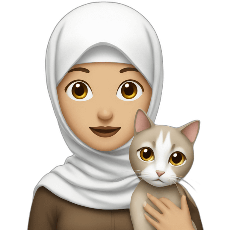 woman in brown hijab and her white cat emoji