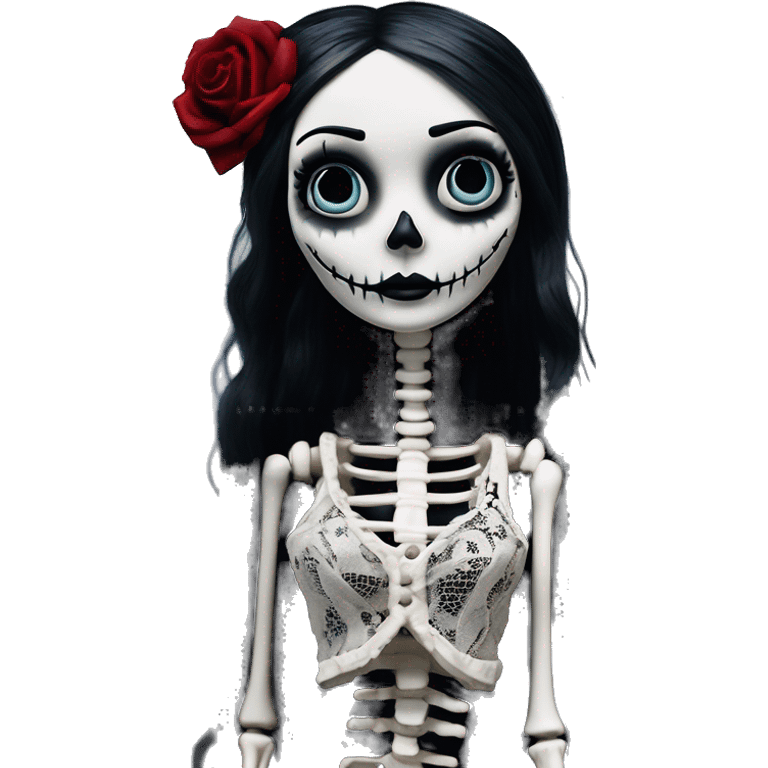 full height skeleton body, tim burton "corpse bride", thin porcelain doll with a cracked face, goth makeup watery eyes, long hair, lace and ruffles, lolita style, inked, black and white, red roses emoji