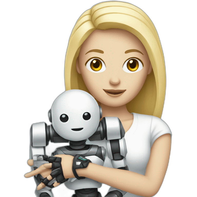 blonde white woman holding robot emoji