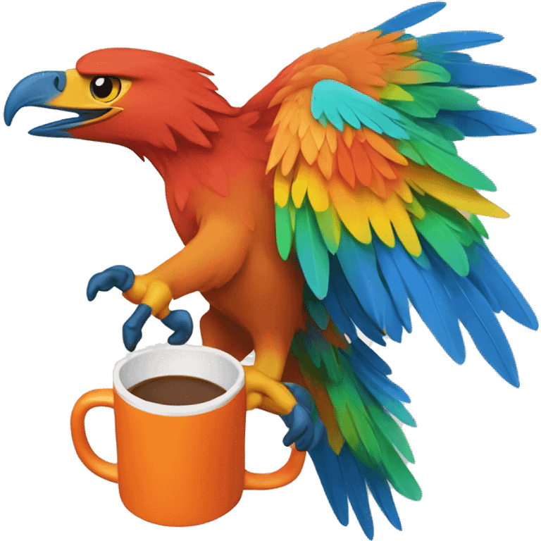 create a blue eagle with colorful wings in the colors: orange, red and green holding a mug. emoji