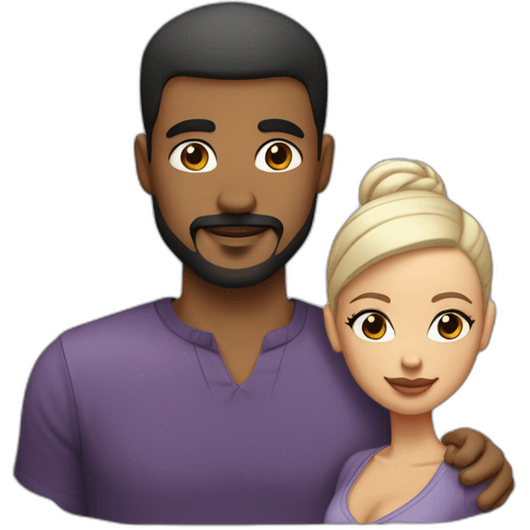 “White  man with a buzz cut and skin black hair fade, thin beard, and well-defined mustache , kissing a  Black  Woman with very straight hair and large earrings.” emoji